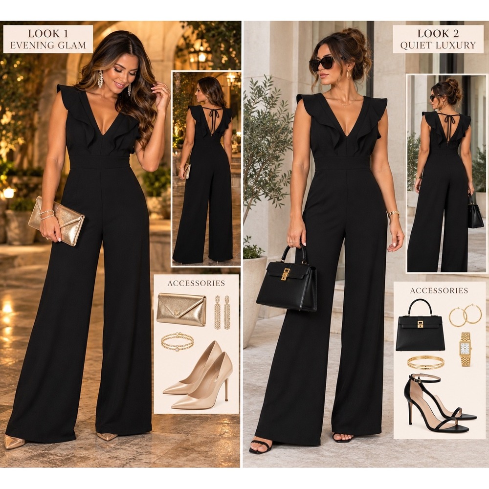 Three Hearts by HS Black Ruffle V-Neck Wide Leg Jumpsuit Small HG033679V